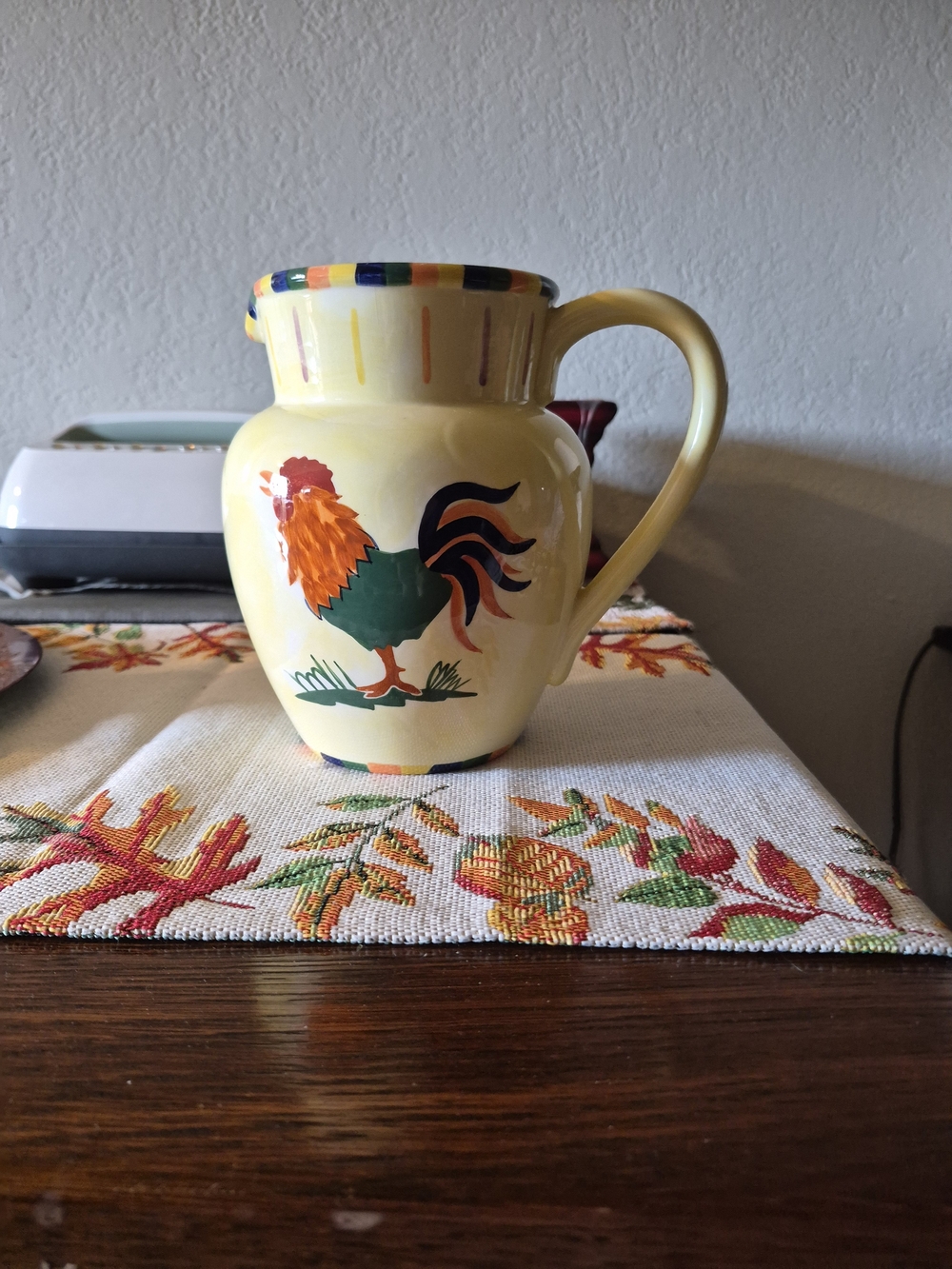 Yellow Ceramic Rooster Pitcher - Decorative Serving Jug